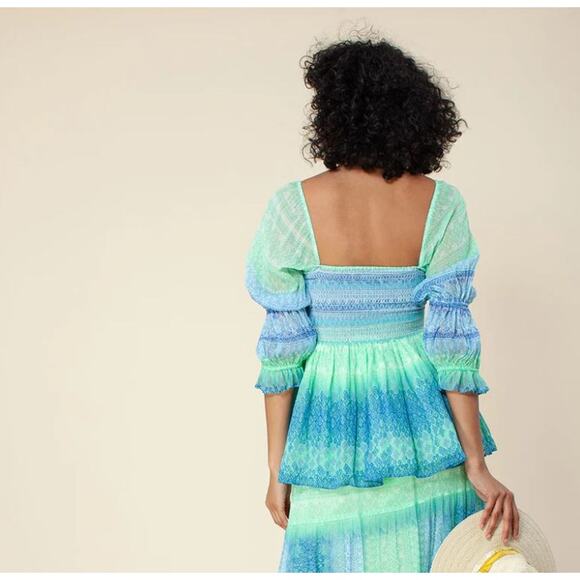 Hale Bob Women's Brittany Smocked Top Size Medium Smocked Vacation Green Blue - Picture 2 of 16